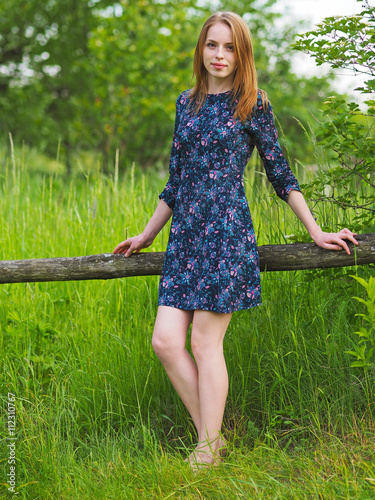 Beautiful girl in short dress standing near old wooden fence