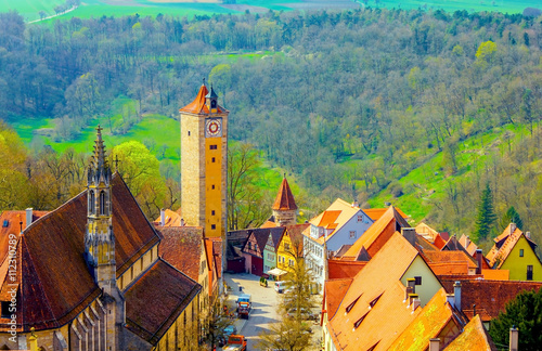 City view on Rothenburg ob der Tauber from high tower on sunny day in springtime, Bavarian romantic road, Germany
