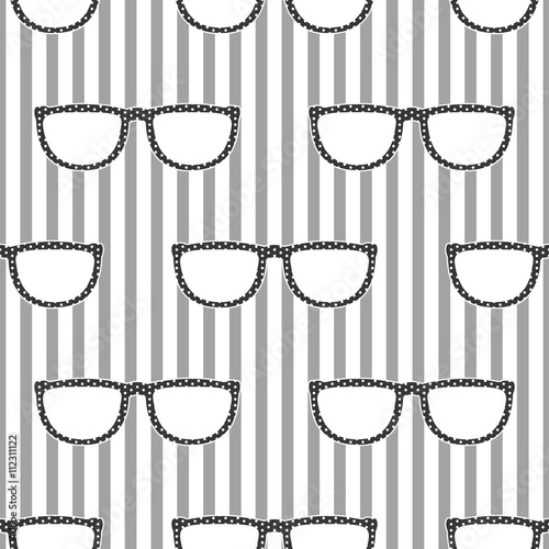 Pop sunglasses retro seamless vector pattern in grey and white colors. Hipster eyewear on grey and white stripe background.