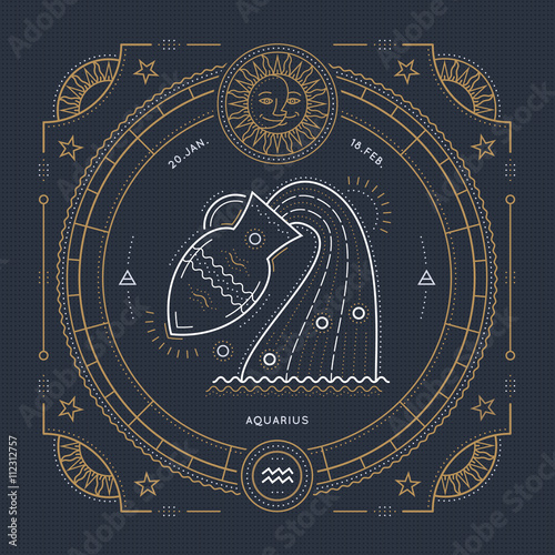 Vintage thin line Aquarius zodiac sign label. Retro vector astrological symbol, mystic, sacred geometry element, emblem, logo. Stroke outline illustration.
