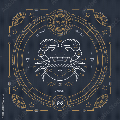 Vintage thin line Cancer zodiac sign label. Retro vector astrological symbol, mystic, sacred geometry element, emblem, logo. Stroke outline illustration.