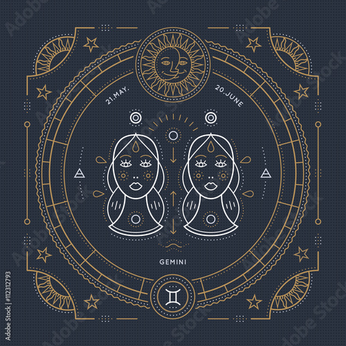 Vintage thin line Gemini zodiac sign label. Retro vector astrological symbol, mystic, sacred geometry element, emblem, logo. Stroke outline illustration.