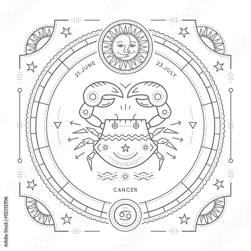 Vintage thin line Cancer zodiac sign label. Retro vector astrological symbol, mystic, sacred geometry element, emblem, logo. Stroke outline illustration. Isolated on white background.