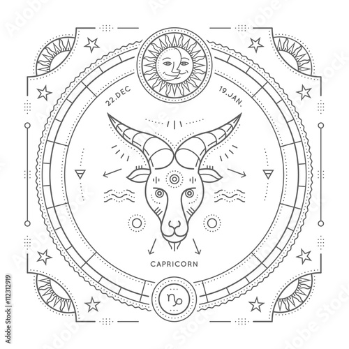Vintage thin line Capricorn zodiac sign label. Retro vector astrological symbol, mystic, sacred geometry element, emblem, logo. Stroke outline illustration. Isolated on white background.