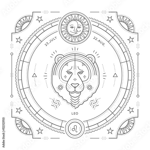 Vintage thin line Leo zodiac sign label. Retro vector astrological symbol, mystic, sacred geometry element, emblem, logo. Stroke outline illustration. Isolated on white background.