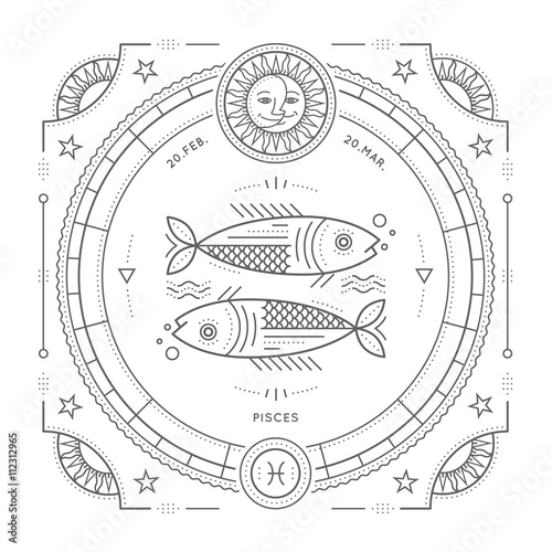 Vintage thin line Pisces zodiac sign label. Retro vector astrological symbol, mystic, sacred geometry element, emblem, logo. Stroke outline illustration. Isolated on white background.