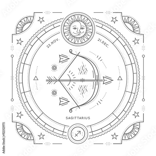 Vintage thin line Sagittarius zodiac sign label. Retro vector astrological symbol, mystic, sacred geometry element, emblem, logo. Stroke outline illustration. Isolated on white background.