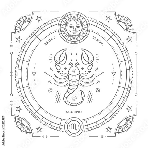 Vintage thin line Scorpio zodiac sign label. Retro vector astrological symbol, mystic, sacred geometry element, emblem, logo. Stroke outline illustration. Isolated on white background.