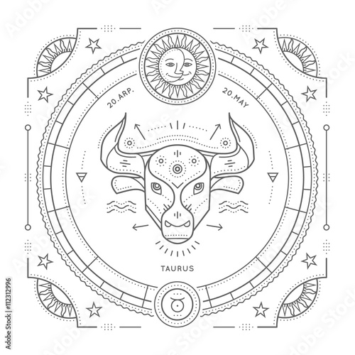 Vintage thin line Taurus zodiac sign label. Retro vector astrological symbol, mystic, sacred geometry element, emblem, logo. Stroke outline illustration. Isolated on white background.