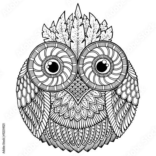 Birds theme. Owl black and white mandala with abstract ethnic az