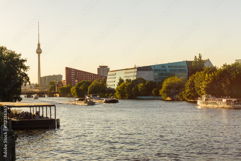 Berlin Riverside Germany, Berlin, modern buildings at Spree riverside and television ...