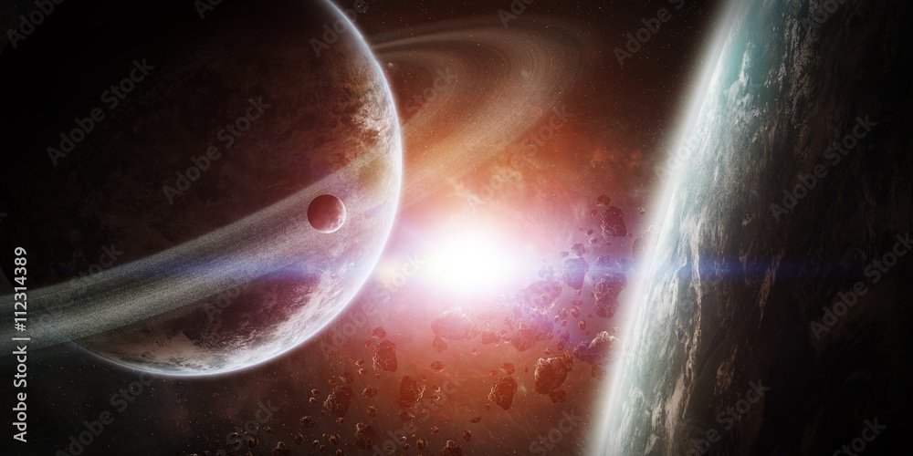 Naklejka premium Sunrise over group of planets in space