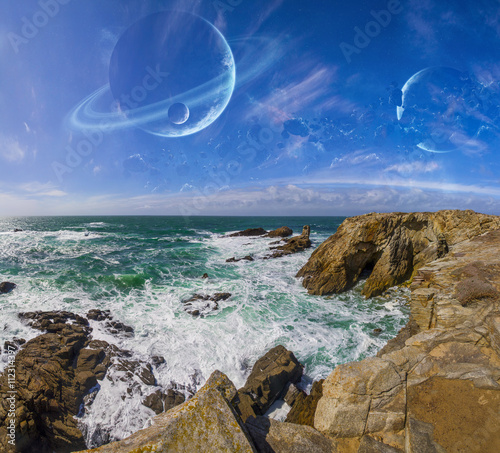 Fototapeta Naklejka Na Ścianę i Meble -  View of distant planet system from cliffs
