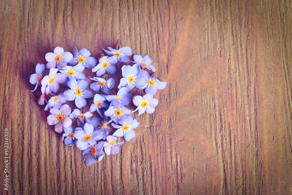 Forget-me-nots flowers in shape of heart on wooden backgroud