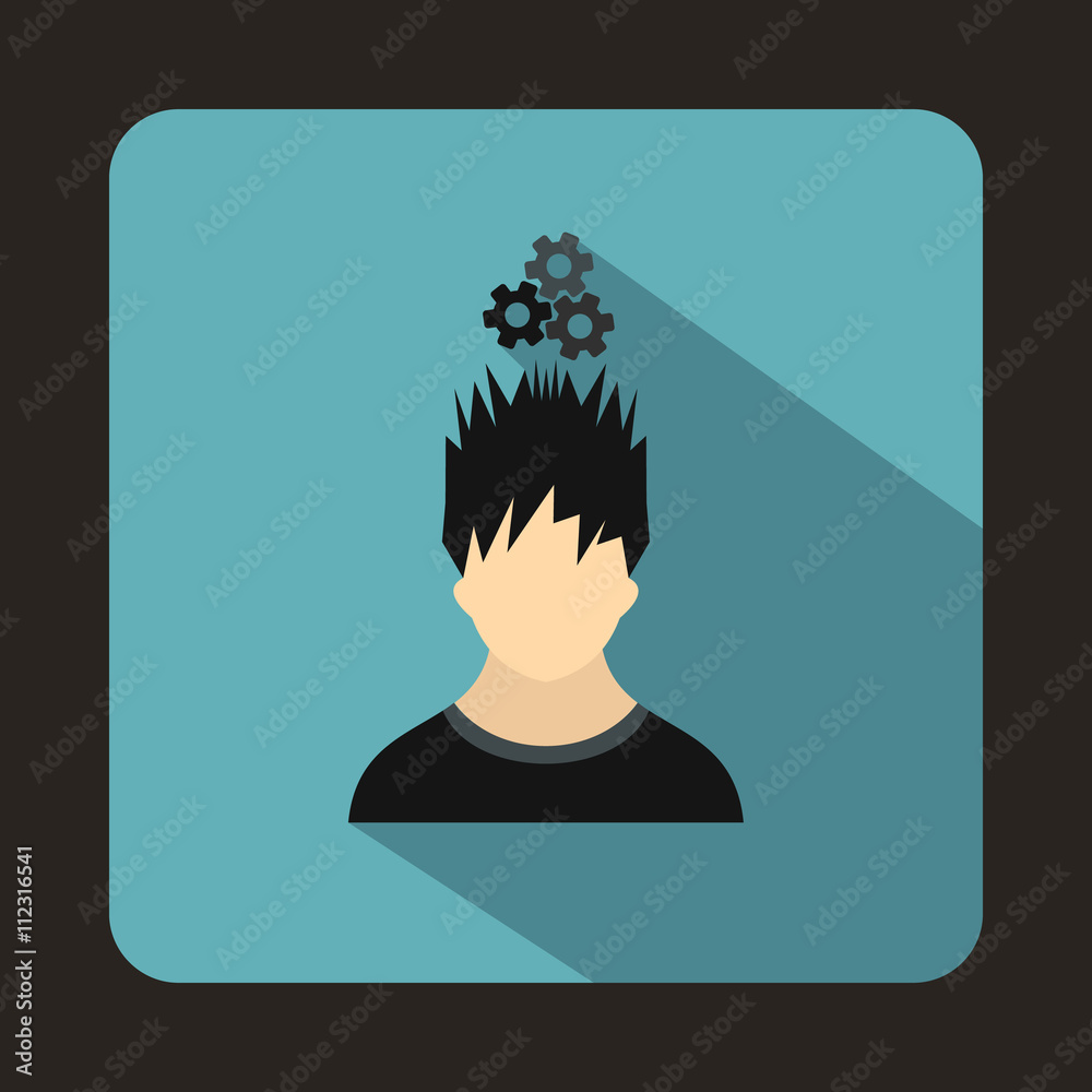 Man with metal gears over head icon, flat style Man with metal gears over head icon, flat style