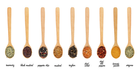 Fototapete Gewürze Collection of spices in wooden spoons, isolated on white  © Africa Studio