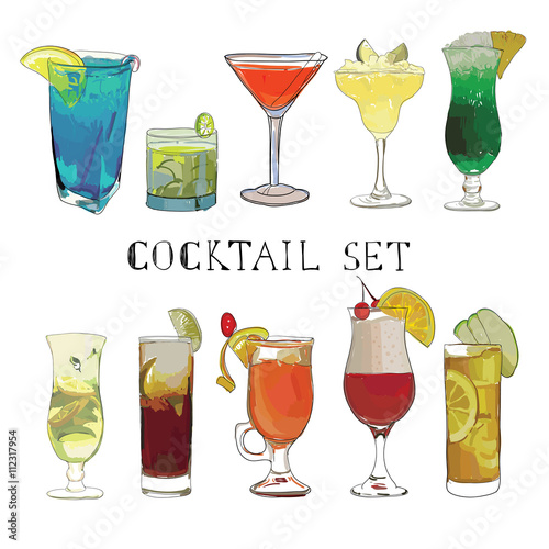 Cocktail hand drawn, decorative icons set with margarita mojito 