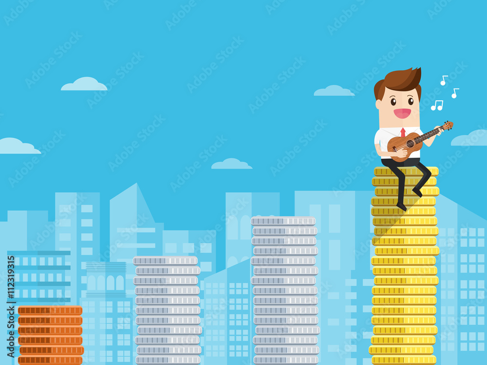 Obraz premium businessman or singing musician playing ukulele sitting on bar graph of coins. happy manager getting high earning or high score