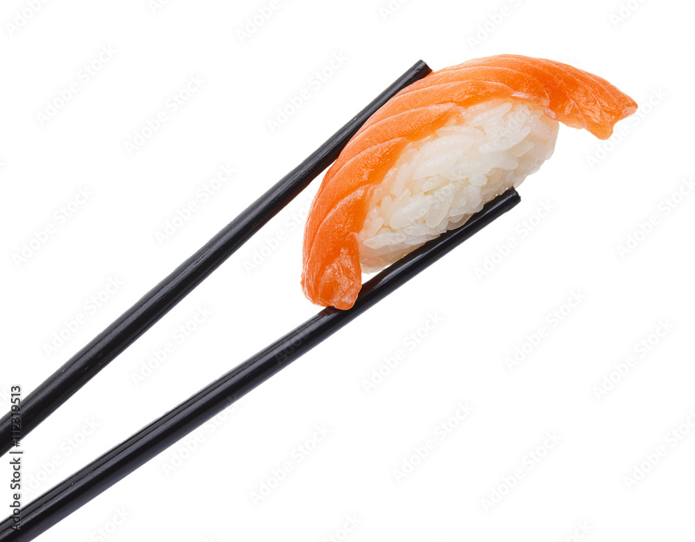Salmon sushi nigiri in chopsticks isolated on white background Salmon sushi nigiri in chopsticks isolated on white background