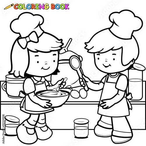 Children cooking in the kitchen. Vector black and white coloring page.