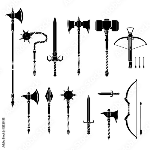 Icon illustration vector set of arcane medieval weapons.
Old Ancient silhouette weapon icon set - Ancient weapons from the dark ages.