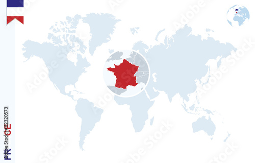 Blue world map with magnifying on France.