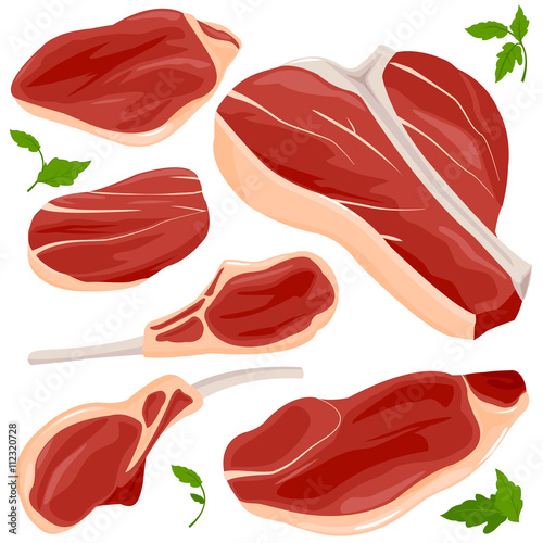 Red raw meat and steaks. Vector illustration collection. 