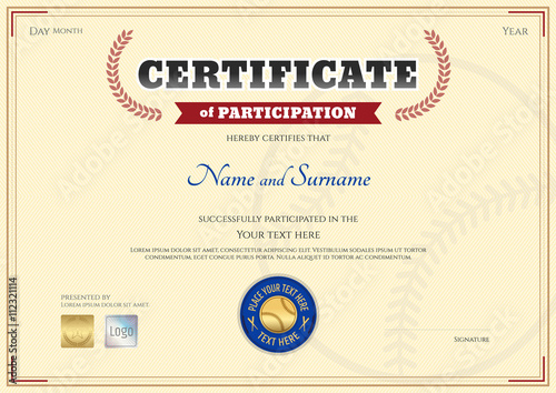 Certificate of participation template in baseball sport theme