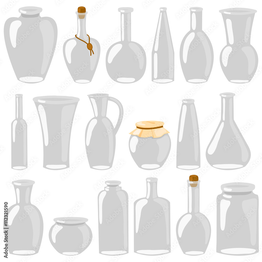 Empty glass jars and bottles. Cartoon decanters, bottles, cans, flasks. A set of glass isolated on a white background. Vector illustration. Empty glass jars and bottles. Cartoon decanters, bottles, cans, flasks. A set of glass isolated on a white background. Vector illustration.