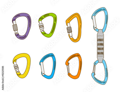 Set of climbing carabiners isolated on white