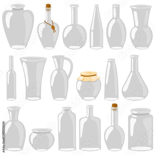 Empty glass jars and bottles. Cartoon decanters, bottles, cans, flasks. A set of glass isolated on a white background. Vector illustration.