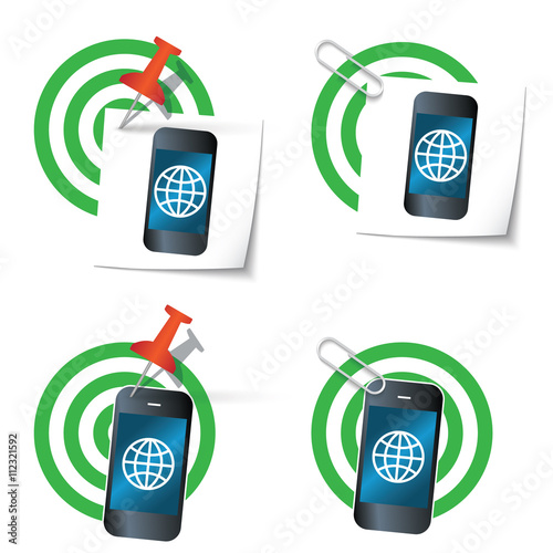 Four targets and thumbtack and smart phone