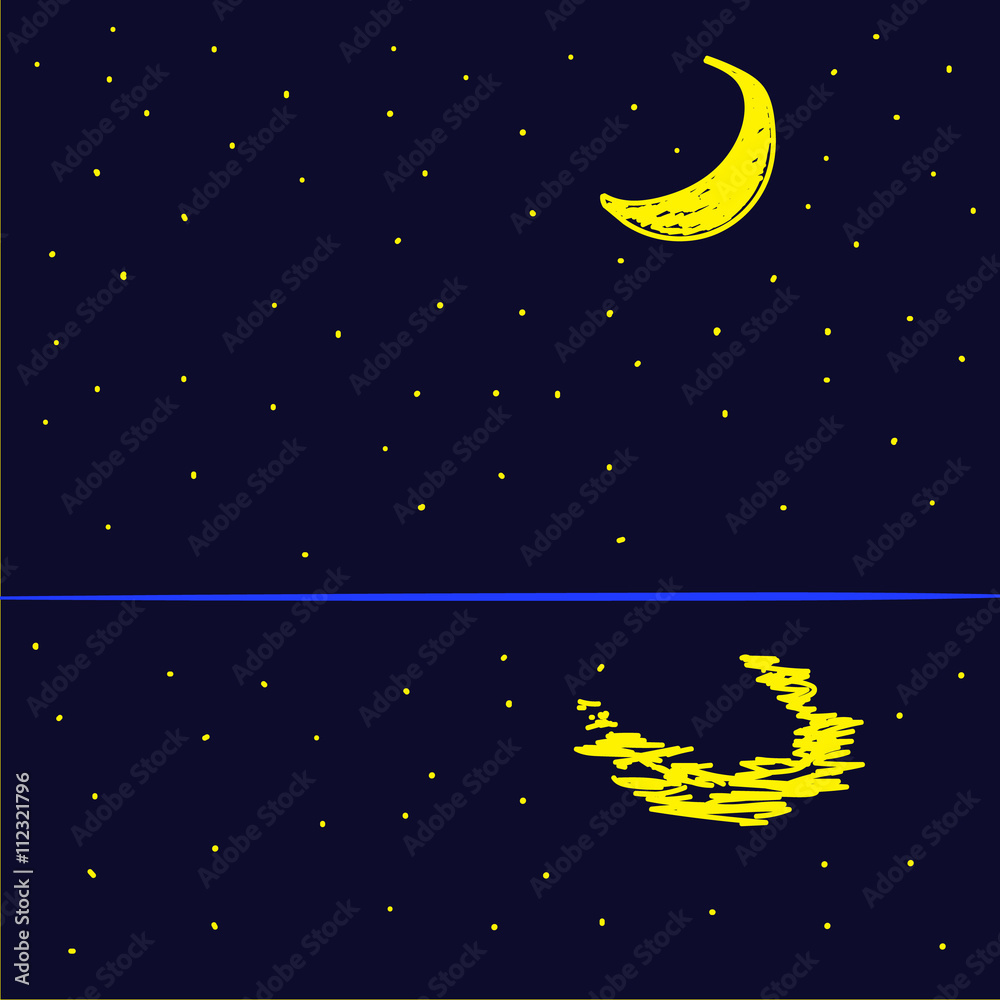 Fototapeta premium hand draw vector illustration with the moon and the reflection of the moon in the starry night