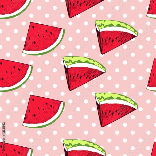 Vector seamless pattern of repeating watermelon slices on rose quartz polka dot background. Hand drawn color fruit triangle parts. Fresh summer food pattern.