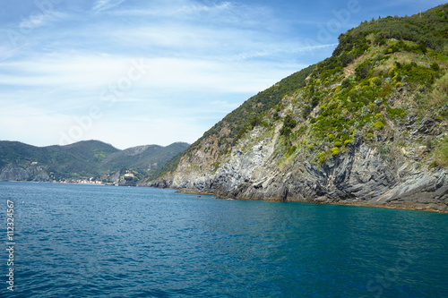 .Calm Mediterranean sea and coast of Italian's Cinque Terre National Park