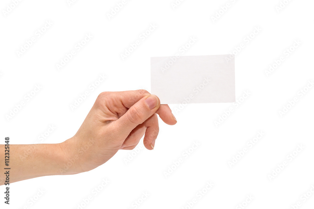 Business card in woman hand isolated on white Business card in woman hand isolated on white