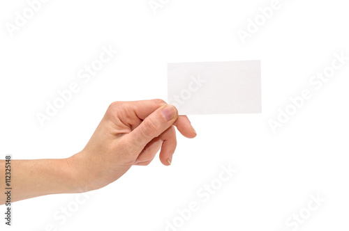 Business card in woman hand isolated on white