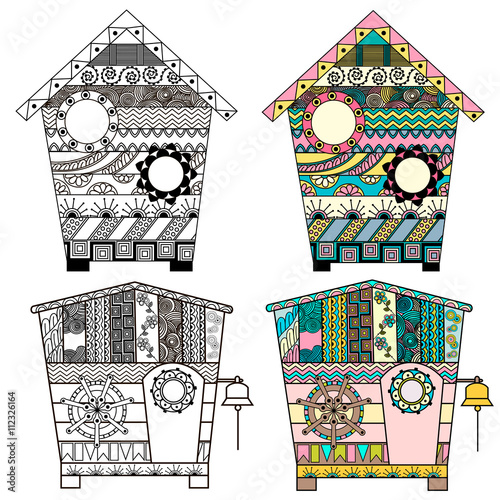 Beach huts on boho style. Antistress pattern. Oriental motifs.