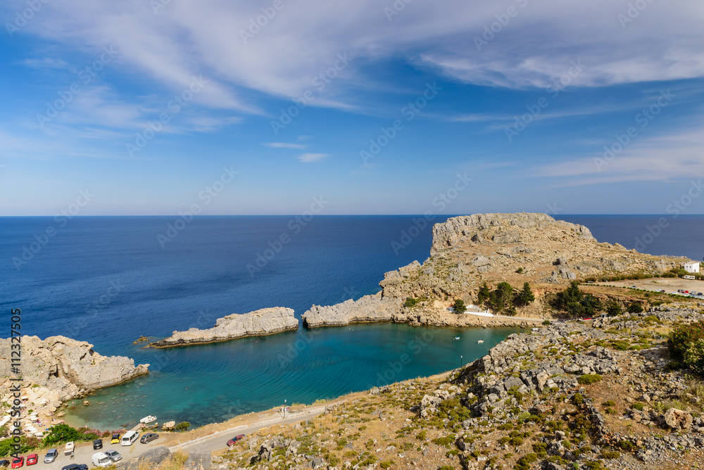 St. Pauls Bay, Lindos village, Rhodes island, Dodecanese, Greece.