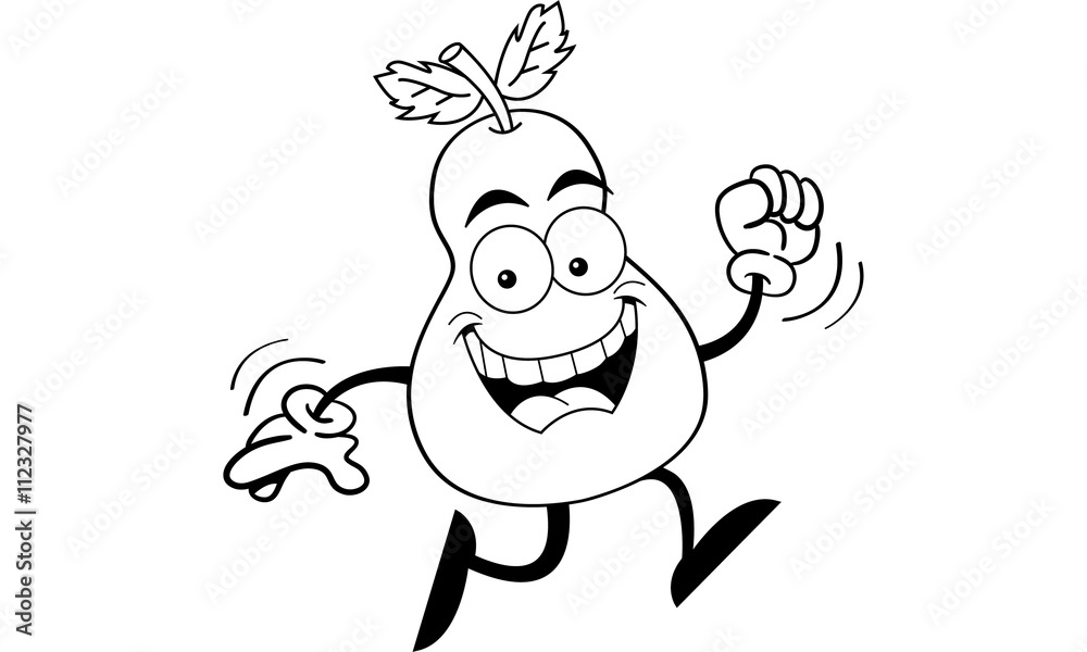 Black and white illustration of a pear running Black and white illustration of a pear running