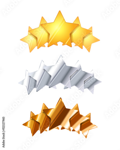 Golden, silver and bronze five glossy rating stars on white