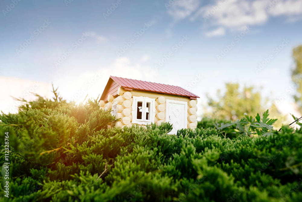 the wooden house from a log against a grass