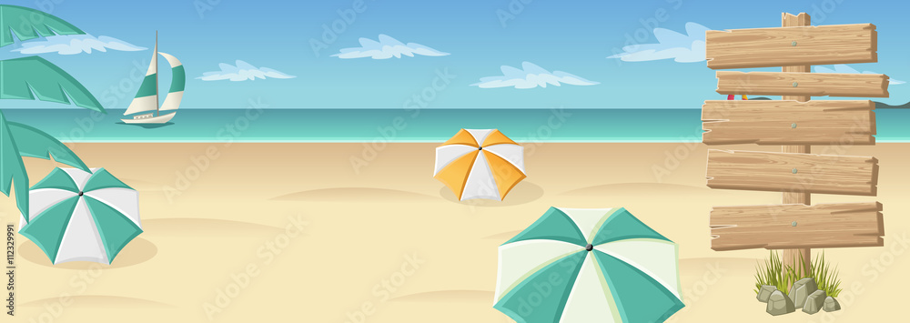 Wooden sign on beautiful tropical beach with blue ocean, umbrellas and palm / Coconut trees.
