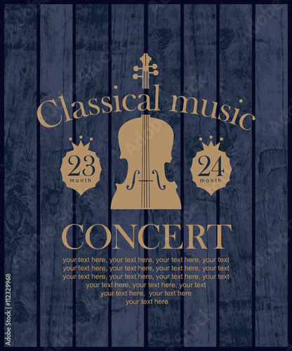poster for a concert of classical music with violin on the background of wooden boards