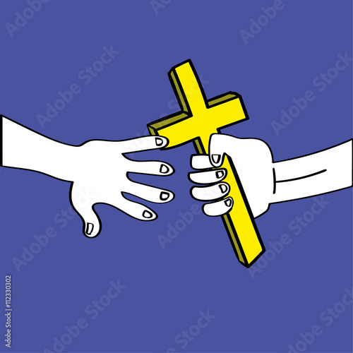 A relay race baton is replaced by a gold cross being passed between two hands as a metaphor for handing on christian faith