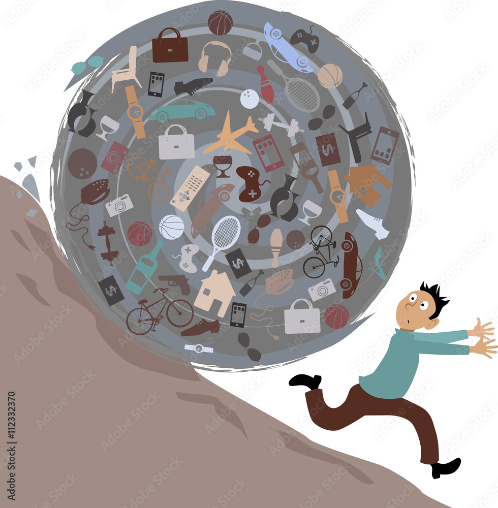 Scared man running from a huge rolling ball of possessions, EPS 8 vector illustration, no transparencies - obrazy, fototapety, plakaty 