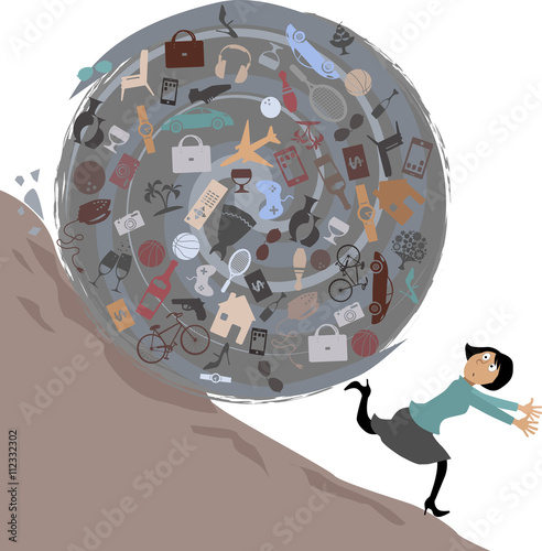 Scared woman running from a huge rolling ball of possessions, EPS 8 vector illustration, no transparencies