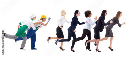 running business women and service workers isolated on white
