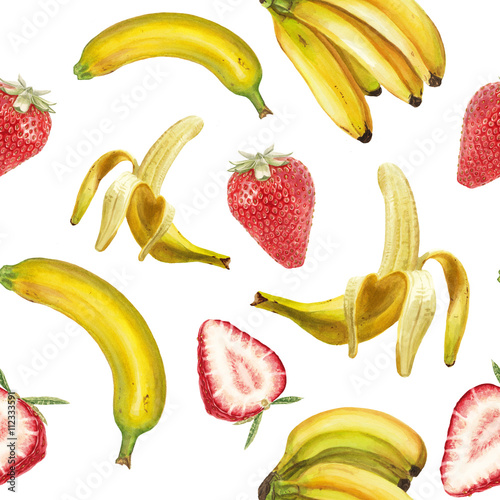 Watercolor banana and strawberry pattern