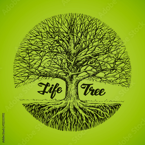Hand drawn vector sketch tree with roots. Ecology, environment. Nature